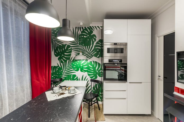 Cortinas de cozinha com papel de parede verde