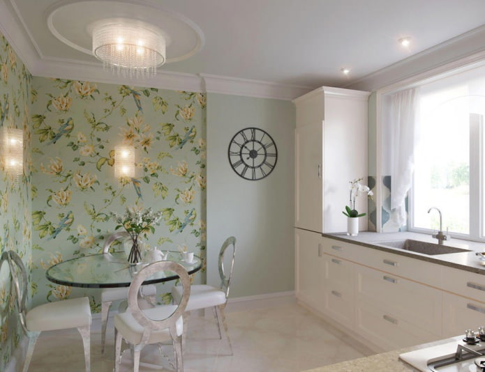 papel de parede verde com flores e pássaros