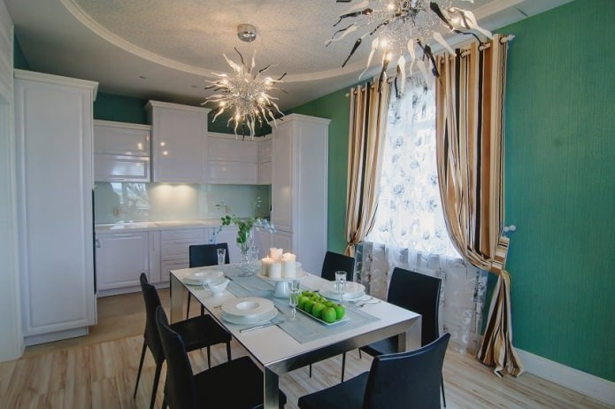 Cortinas de cozinha com papel de parede verde