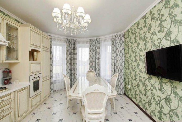 Papel de parede verde na cozinha em estilo clássico