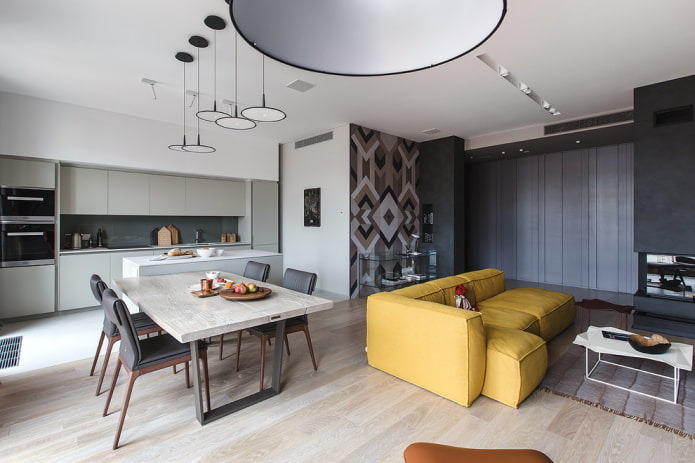 design de interiores de cozinha com sala de estar e sala de jantar