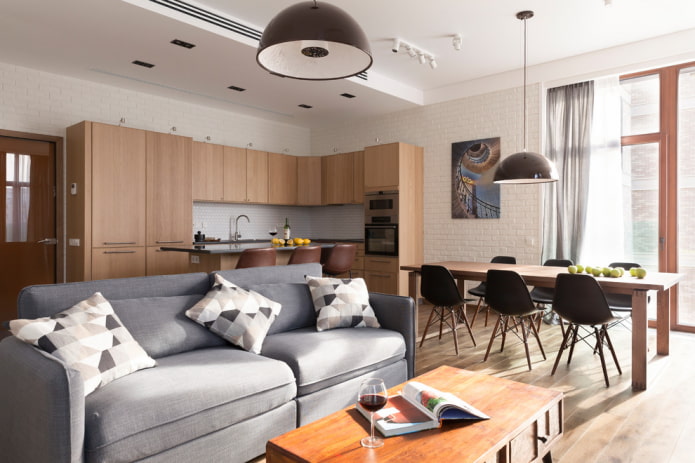 design de interiores de cozinha com sala de estar e sala de jantar