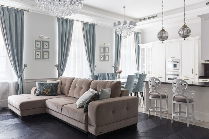 design de interiores de cozinha com sala de estar e sala de jantar
