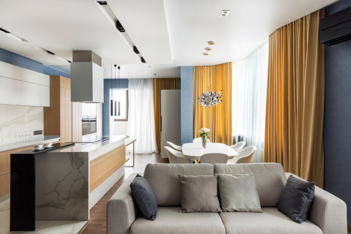 design de interiores de cozinha com sala de estar e sala de jantar