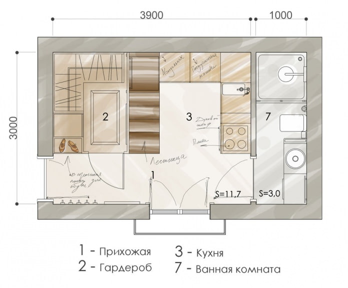 Planta de apartamento de 15 m².