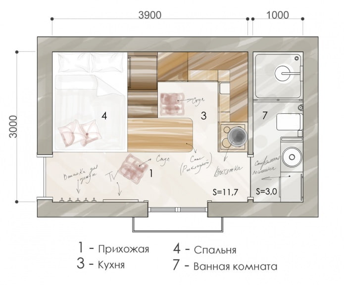 Planta de apartamento de 15 m².