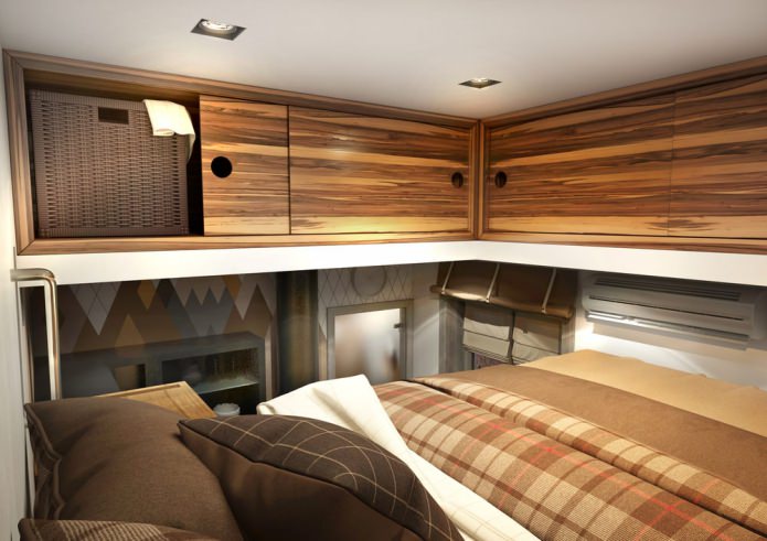 área de dormir no design de um pequeno apartamento de 15 m².