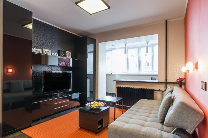 design de sala de estar no interior de um apartamento de 35 metros quadrados