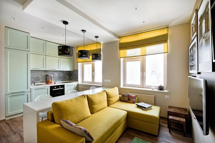 design de um apartamento de dois cômodos em estilo europeu de 35 metros quadrados