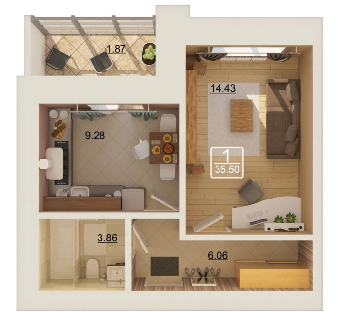 interior de um apartamento de um cômodo de 35 metros quadrados