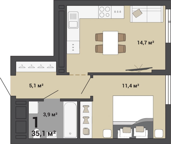 Layout de um apartamento de 35 m².