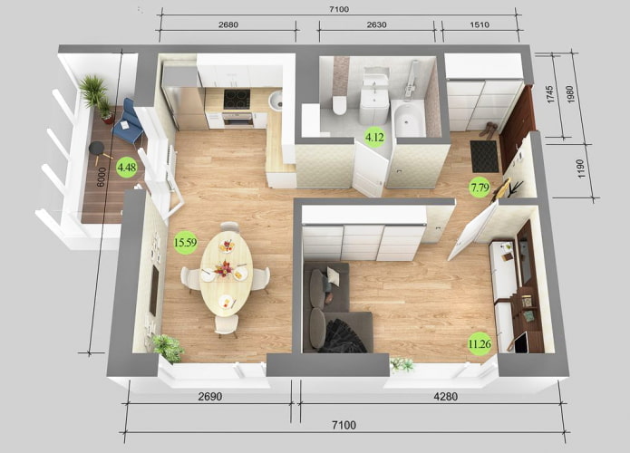 Diagrama de apartamento de 38 m² com metragem