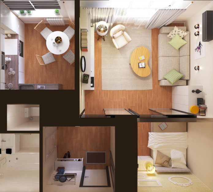 Apartamento de um cômodo com uma cama separada