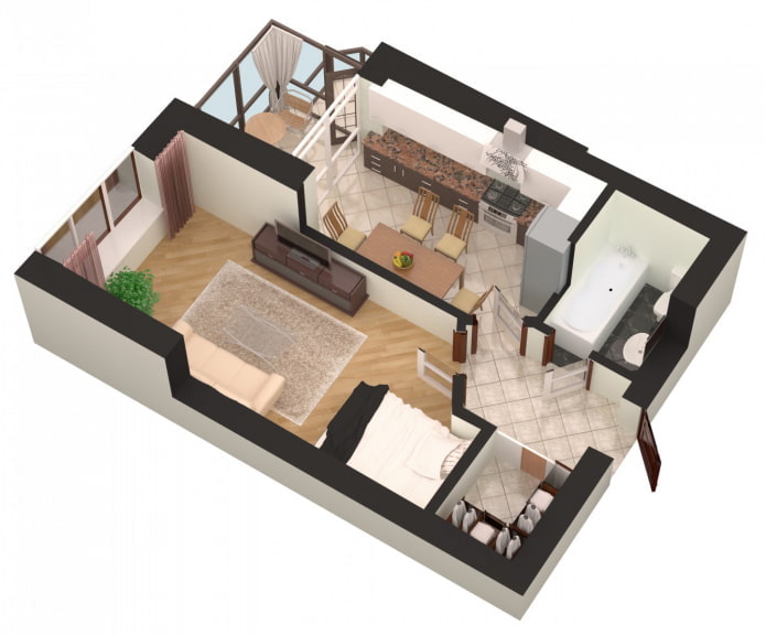 Apartamento de um cômodo com um quarto, sala de estar e varanda