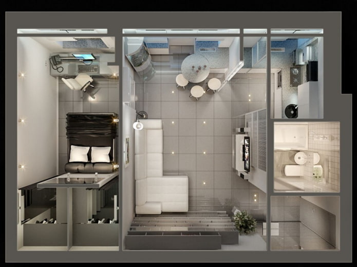 Apartamento de dois cômodos em estilo europeu com uma minicozinha