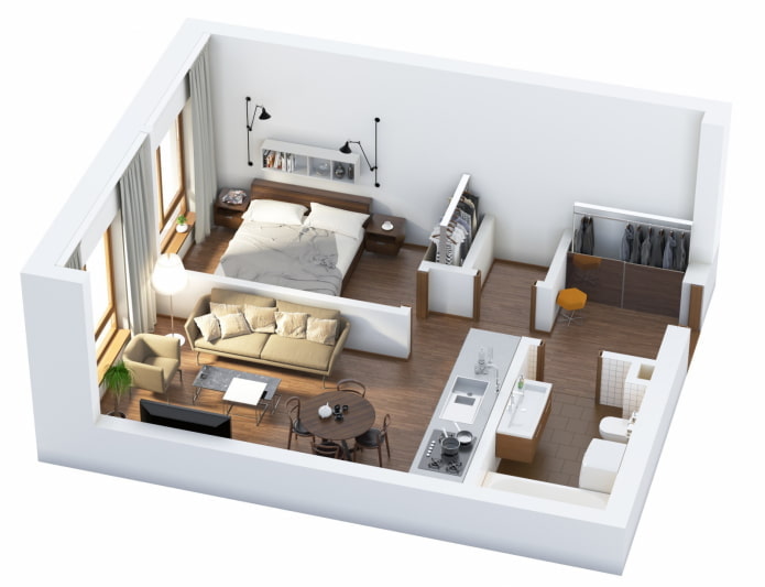 Apartamento de dois cômodos em estilo europeu com cozinha e sala de estar