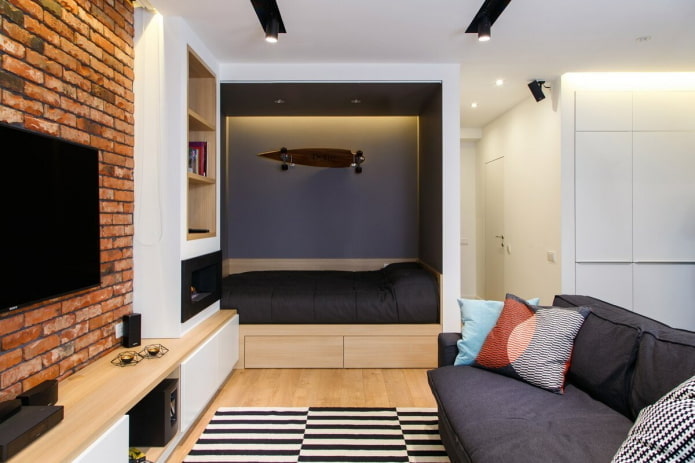 interior de um apartamento de um cômodo de 40 metros quadrados