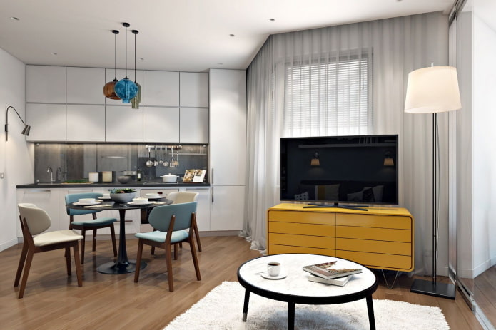 projeto de cozinha no interior de um apartamento de 40 metros quadrados