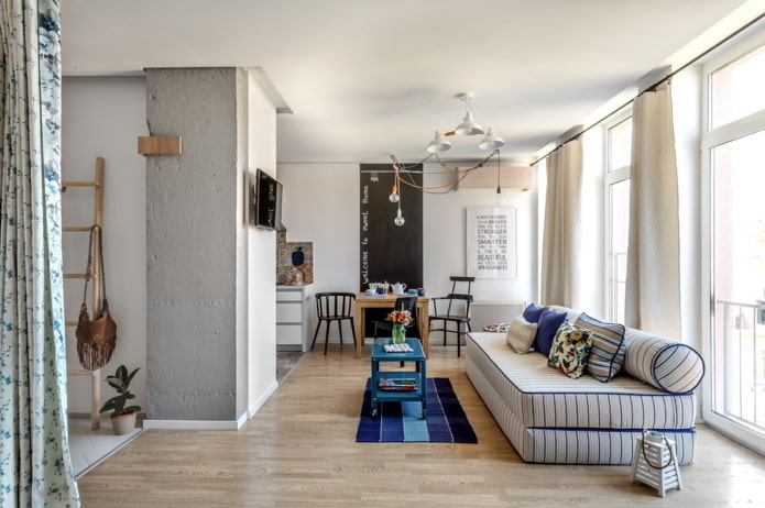 interior de um apartamento de um cômodo de 40 metros quadrados