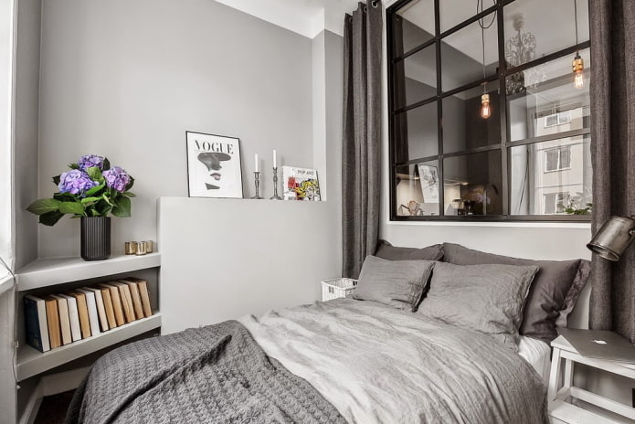 design da área de dormir no interior de um apartamento de 40 metros quadrados