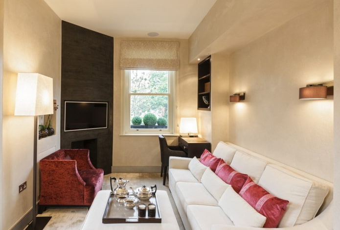 design de sala de estar no interior de um apartamento de 40 metros quadrados