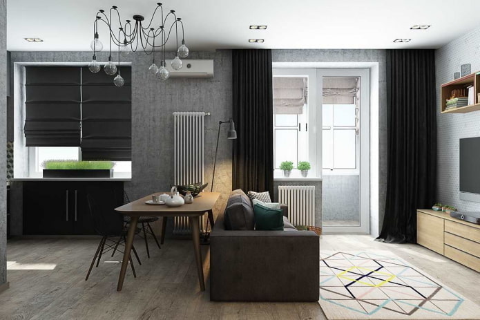 interior de um apartamento de dois cômodos em estilo europeu de 40 metros quadrados