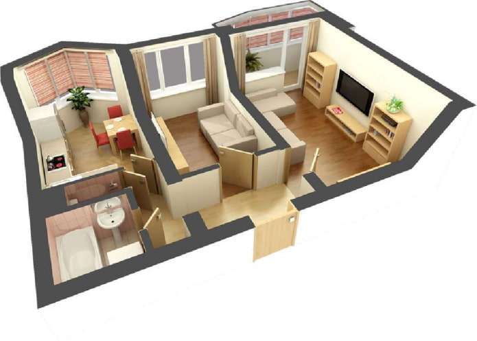 Apartamento de dois quartos de 42 m com varanda e janela saliente