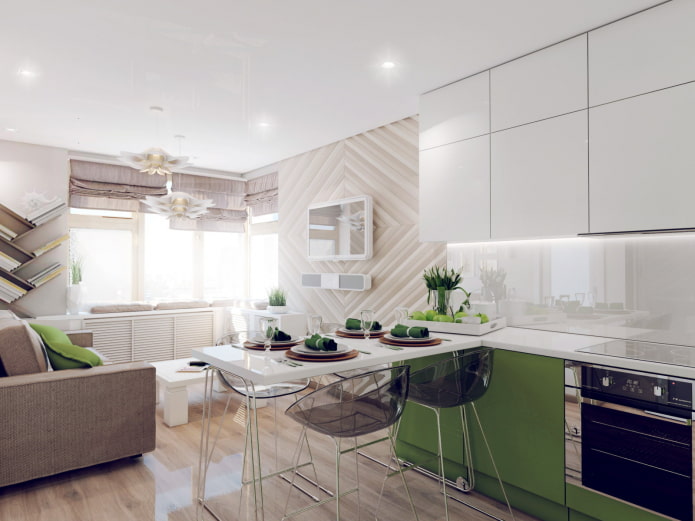 Cozinha-sala de estar no projeto do apartamento