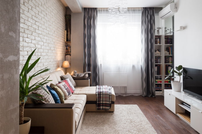 design de sala de estar no interior de um apartamento de 45 metros quadrados