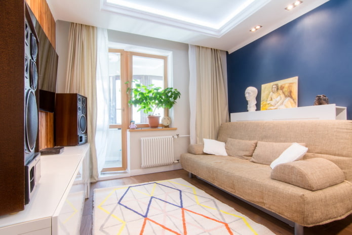 design de sala de estar no interior de um apartamento de 45 metros quadrados
