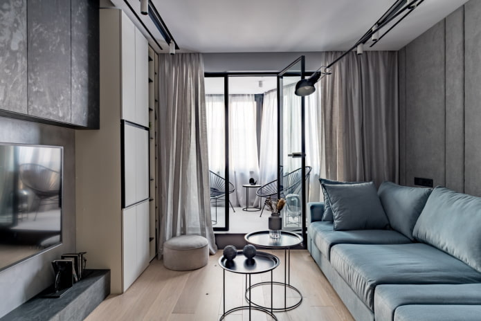 design de sala de estar no interior de um apartamento de 45 metros quadrados