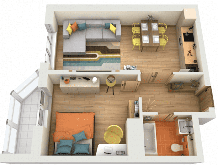 Layout do apartamento de 45 m².