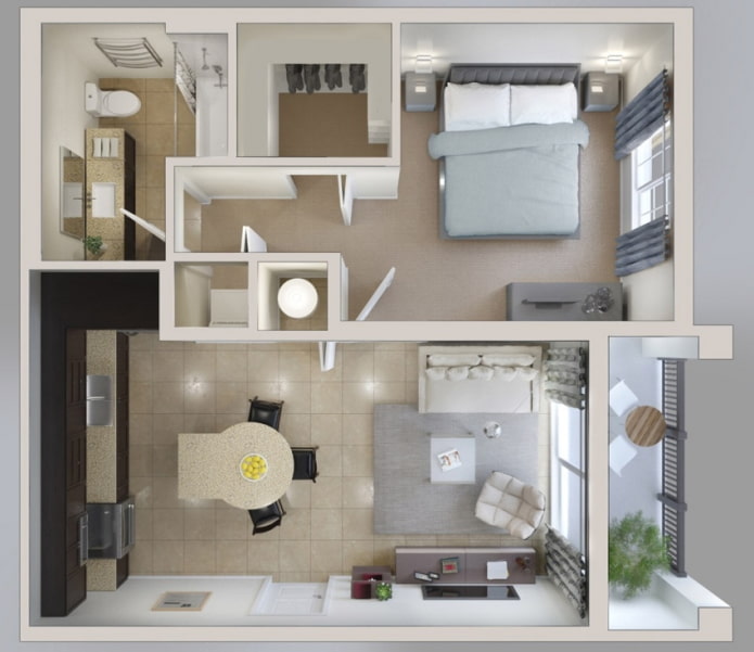 Layout do apartamento de 45 m².