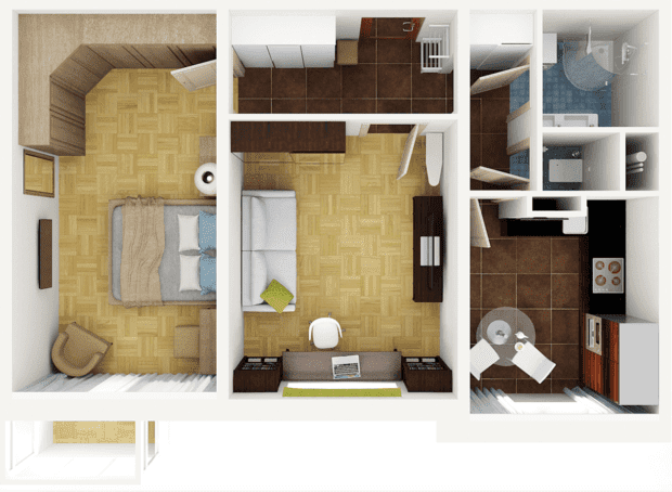 Layout de um apartamento de 45 metros quadrados.