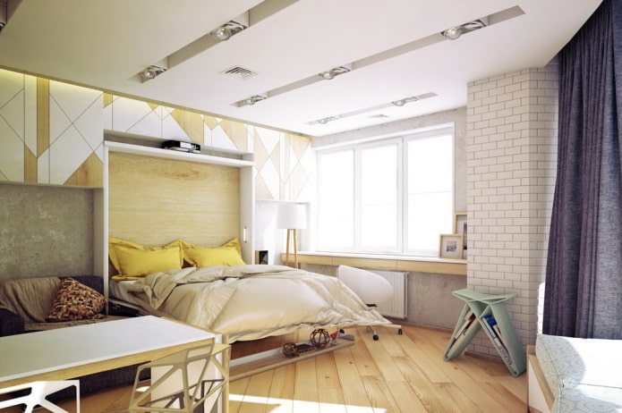 interior de um apartamento de um cômodo de 50 metros quadrados