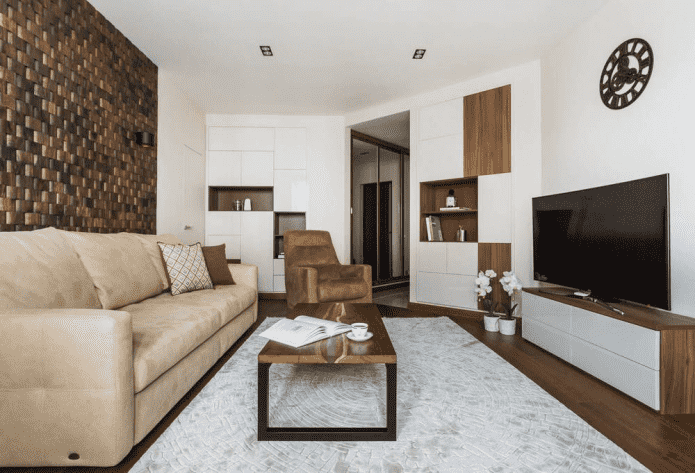 interior da sala de estar em um apartamento de 50 metros quadrados