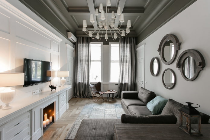 Interior de apartamento de 50 metros quadrados em estilo clássico moderno