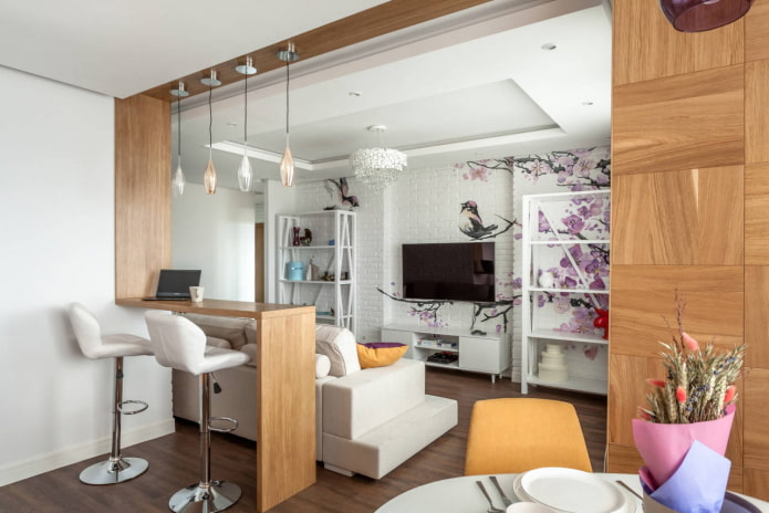Cozinha-sala de jantar em um apartamento de 60 m²
