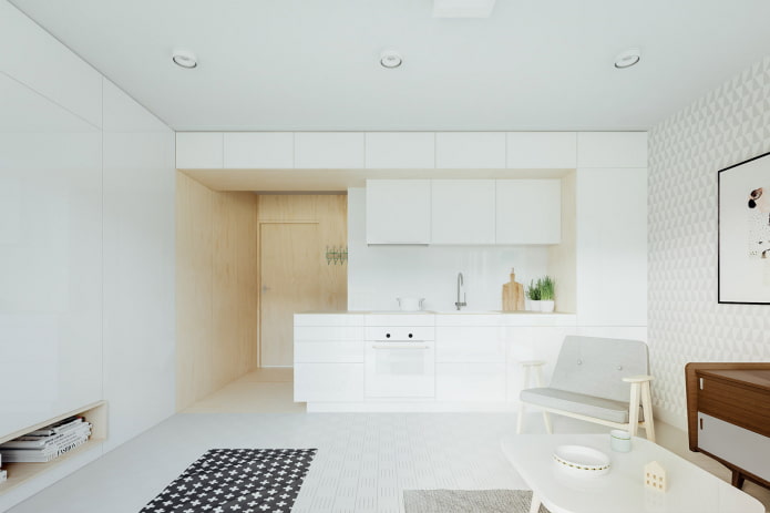design da área da cozinha em um estúdio