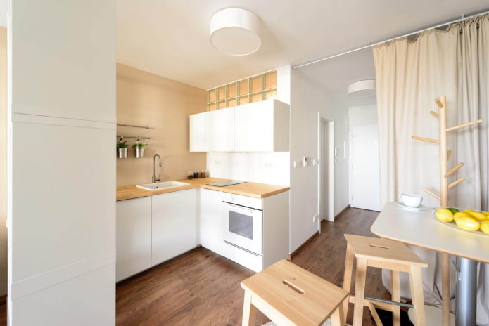 design da área da cozinha em um estúdio