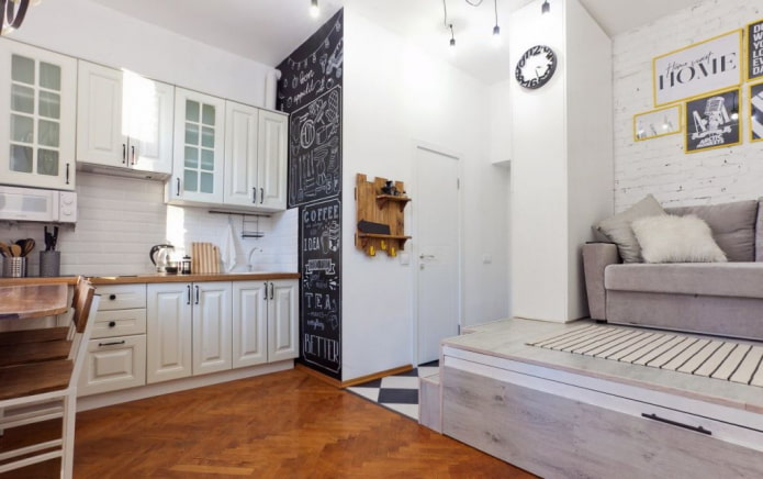 design da área da cozinha em um estúdio