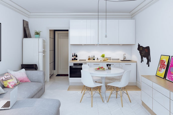 design da área da cozinha em um apartamento estúdio