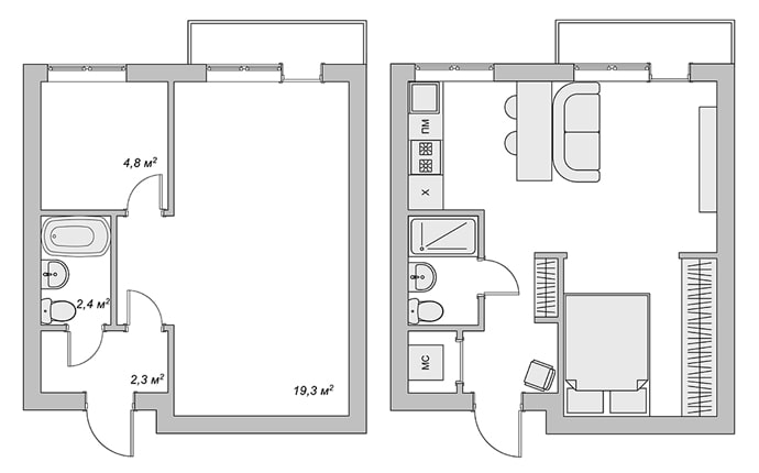 Layout do estúdio 29 m².