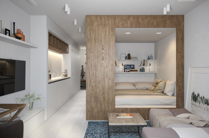 área de dormir no interior de um apartamento estúdio