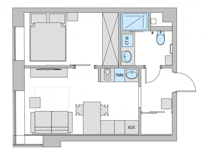planta de um pequeno apartamento de dois quartos
