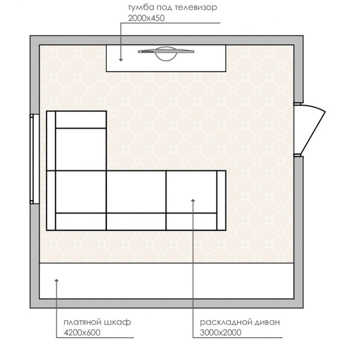 diagrama de layout de uma pequena sala de estar com um sofá de canto