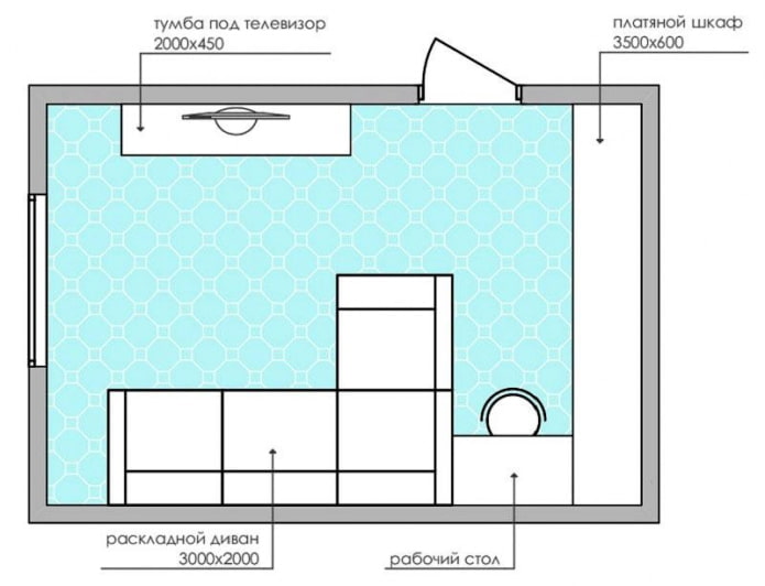 diagrama de layout de uma pequena sala de estar com um sofá de canto