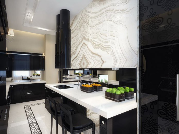 interior de uma pequena cozinha com balcão de bar