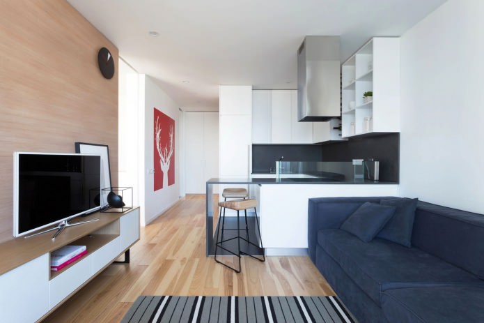 design de cozinha-sala de estar com balcão de bar