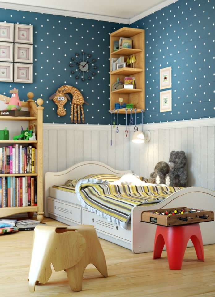 papel de parede com bolinhas no interior do quarto das crianças
